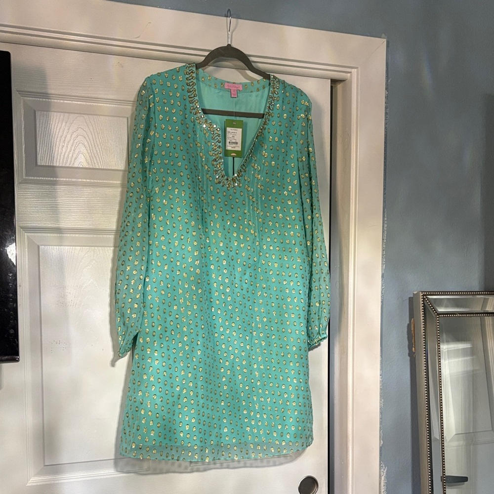 Lilly Pulitzer Silk Aqua Dress with Gold Details